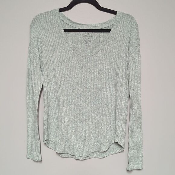 American Eagle V Neck Ribbed Long Sleeve Blouse - Picture 1 of 6